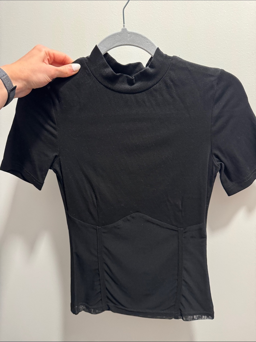 Black Short-Sleeve Mock Neck Top with Mesh Bottom